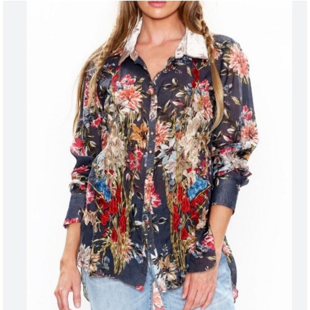 Aratta Silent Journey Artsy Floral Boho Metallic Embroidered Button Up XS